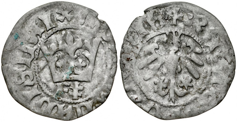 Władysław Jagiełło 1386-1434, Półgrosz, Kraków, Av.: Korona, pod nią litera F i ...