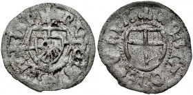 Zakon Krzyżacki, Jan von Tiefen 1489-1497, Szeląg, Av.: Tarcza wielkiego mistrza, Rv.: Tarcza krzyżacka. MONTA zamiasta MONETA.