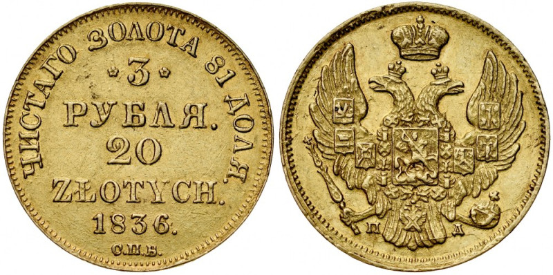 Zabór Rosyjski, 3 ruble 20 złotych 1836/4 П-Д , St. Petersburg. Kop. 9465, Gum 2...