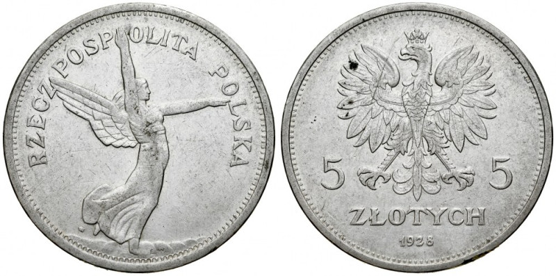 II RP, 5 złotych 1928, Nike, Warszawa. Parchimowicz 114a, połysk tła, uszkodzone...