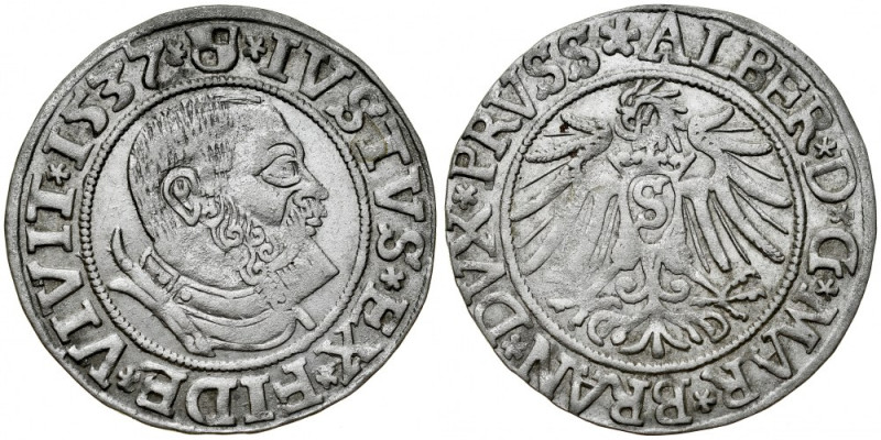 Prusy Książęce, Albrecht Hohenzollern 1525-1568, Grosz 1537, Królewiec. Kop. 377...