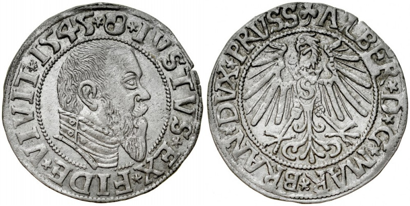 Prusy Książęce, Albrecht Hohenzollern 1525-1568, Grosz 1545, Królewiec. Kop. 378...