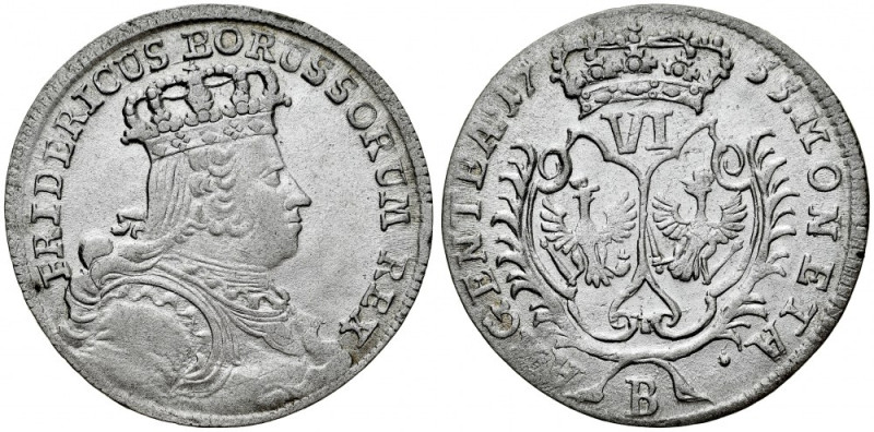 Prusy, Fryderyk II 1740-1786, Szóstak 1755 B, Wrocław. Olding 300, ładna, połysk...