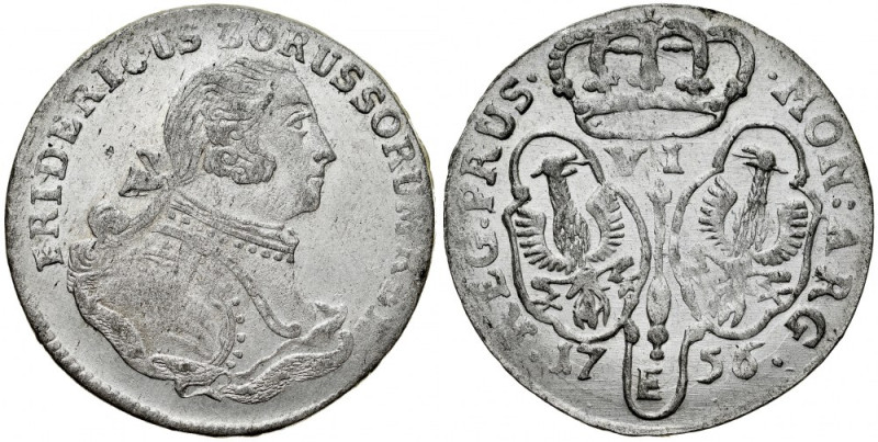 Prusy, Fryderyk II 1740-1786, Szóstak 1756 E, Królewiec. Olding 211, gładkie tło...