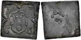 Gdańsk, Żeton 1566, jednostronny, A.: Renesansowy kartusz z herbem miasta Gdańska, po bokach data cyfry 6-6, całość w wymodelowanej ramce, Rv.: Cyfry ...