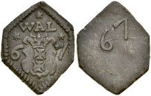 Gdańsk, Żeton 1567, A.: Renesansowy kartusz z herbem miasta Gdańska, w polu napis: WAL, w polu ozdobniku z kwiatków, Rv.: Cyfry 67.