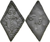 Gdańsk, Żeton 1568, A.: Renesansowy kartusz z herbem miasta Gdańska, w polu cyfry 68, liczne ozdobniki w formie kropek, Rv.: Fragment cyfry.