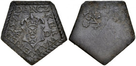 Gdańsk, Żeton 1571, A.: Renesansowy kartusz z herbem miasta Gdańska, po bokach litery F-B, napis otokowy: DANCZ / KER / WAL / TEKEN / 1571 Rv.: W polu...