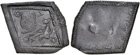 Gdańsk, Żeton 1576, jednostronny, A.: Leżący lew, w polu cyfry 7-6 oraz ozdobniki z kwiatów. Rv.: Resztki żetonu z 1575 roku. Multipla.