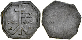 Gdańsk, Żeton 1642, jednostronny, A.: Stojący krzyż wsparty słupami, na min flaga z herbem miasta Gdańska, w polu data 16-42 oraz litery H-M.