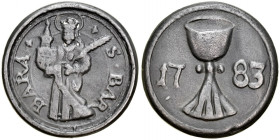 Gdańsk, Żeton komunijny gminy luterańskiej Św. Barbary z 1783 roku, Av.: Kielich mszalny, w polu data 17-83, Rv.: Św. Barbara. RR.