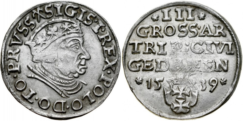 Zygmunt I Stary 1506-1548, Trojak 1539, Gdańsk. Kop. 7333, Iger G.39.1.var, ładn...