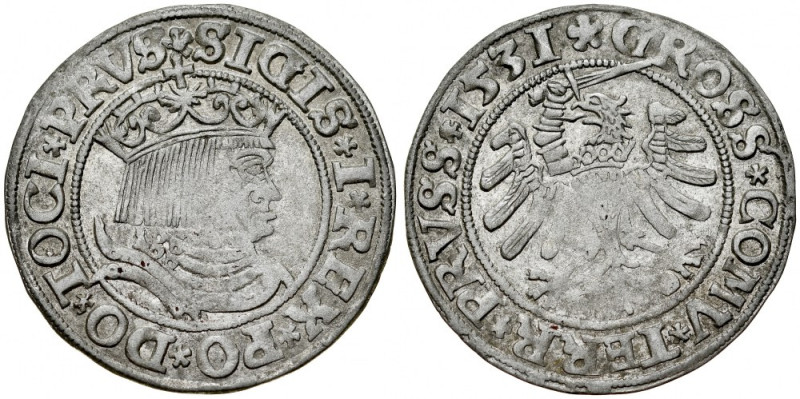 Zygmunt I Stary 1506-1548, Grosz 1531, Toruń. Kop. 3086, Gum. 527, tło z połyski...