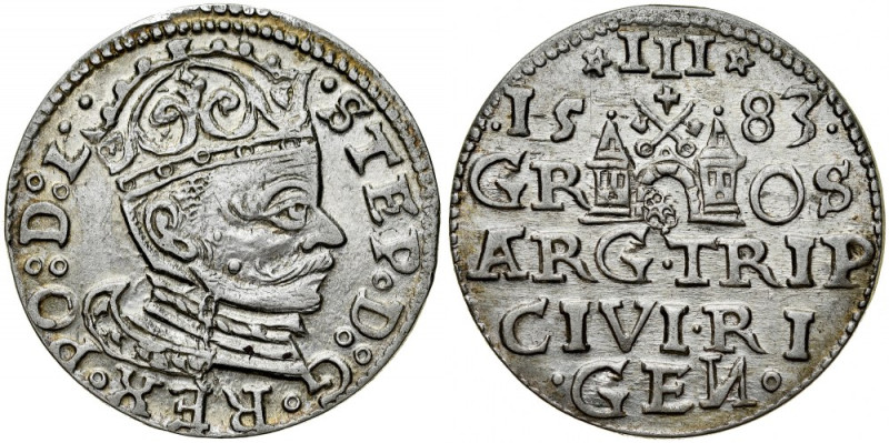 Stefan Batory 1576-1586, Trojak 1583, Ryga. Kop. 8092, Iger R.83.1.var, żywy poł...