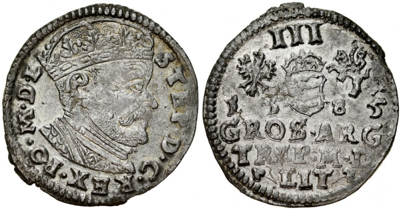 Stefan Batory 1576-1586, Trojak 1585, Wilno. Ozdobna zbroja. Kop. 3374, Ivanausk...