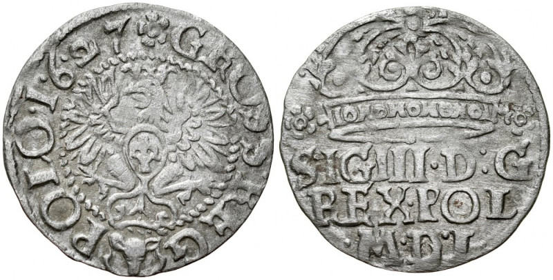 Zygmunt III 1587-1632, Grosz 1627, Bydgoszcz. Kop. 819,&nbsp;Gum. 953, szara pat...