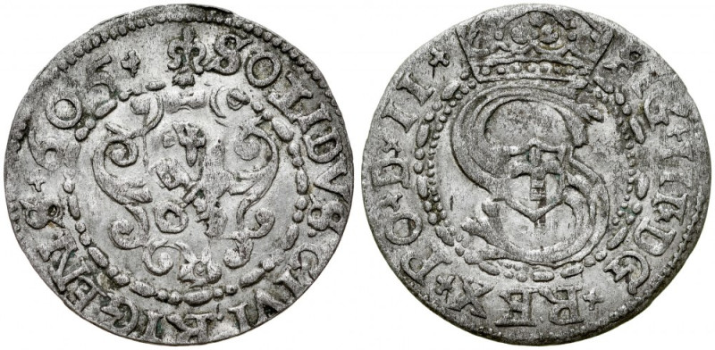 Zygmunt III 1587-1632, Szeląg 1605, Ryga. Kop. 8129, Gum. 1431, dobrze wygniecio...