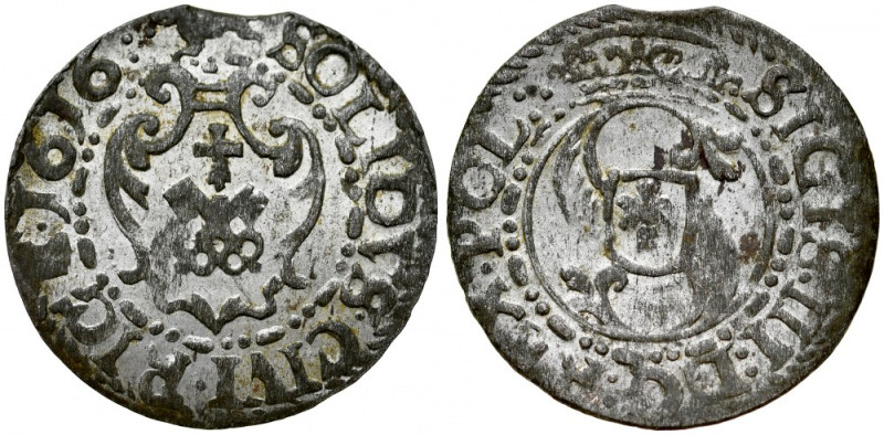 Zygmunt III 1587-1632, Szeląg 1616, Ryga. Kop. 8154, Gum. 1478, zachowane srebrz...