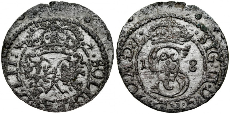 Zygmunt III 1587-1632, Szeląg 1618, Wilno. Bez herbu podskarbiego. Kop. 3446 R5,...