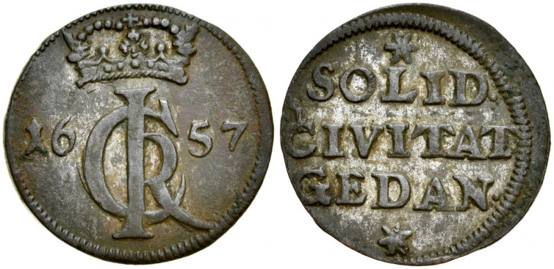 Jan II Kazimierz 1649-1668, Szeląg 1657, Gdańsk. Kop. 7605, Gum.1900, dość gruba...