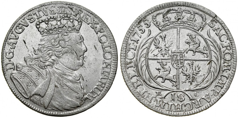 August III 1733-1763, 18 groszy 1754 E-C, Lipsk. Kop. 2111, Gum. 2158, ładny poł...