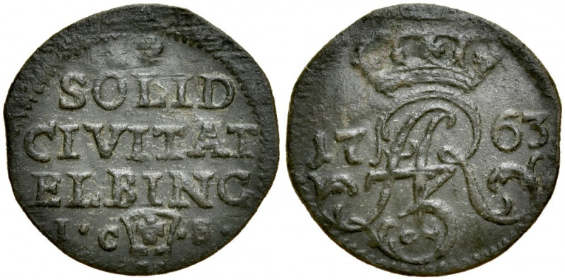 August III 1733-1763, Szeląg 1763 ICS, Elbląg. Kop. 7168, Gum 2240, ładnie spaty...