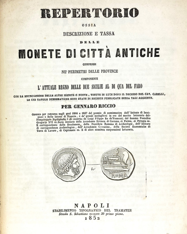 Riccio, Giudice Gennaro. REPERTORIO OSSIA DESCRIZIONE E TASSA DELLE MONETE DI CI...