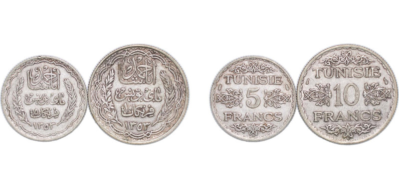 Tunisia French Protectorate AH 1353 (1934) 5 & 10 Francs Set - Ahmad II (2 Lots)...