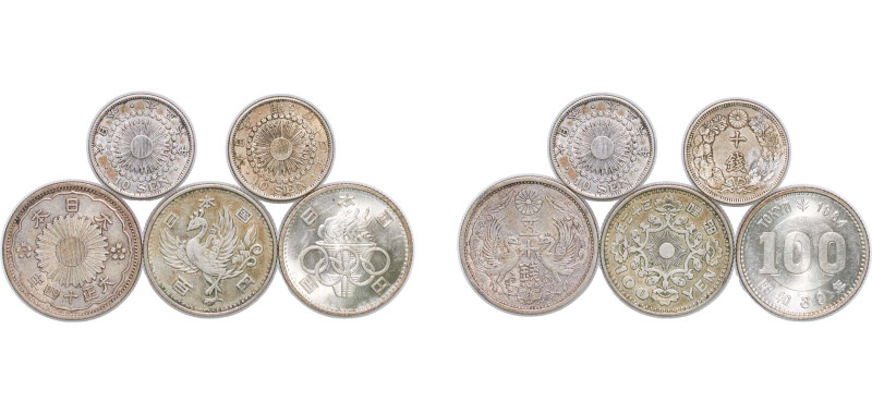 Japan Empire 1911 - 1964 Coinage (5 Lots) Silver VF