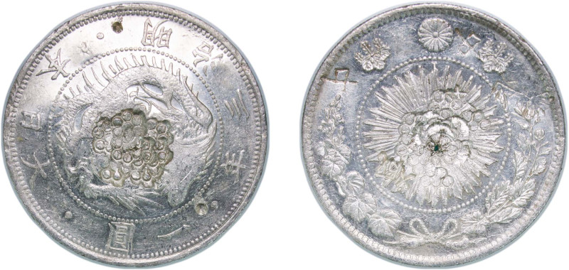 Japan Empire M3 (1870) 年三治明 1 Yen - Meiji Silver (.900) (3685049) 26.29g AU Chop...