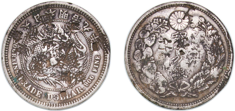 Japan Empire M9 (1876) 年九治明 1 Trade Dollar - Meiji Silver (.900) 27.05g VF Chopm...