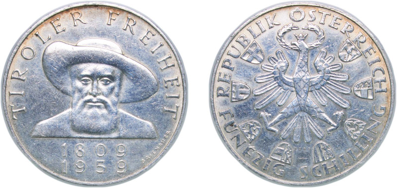 Austria Second Republic 1959 50 Schilling (Tiroler Freiheit) Silver (.900) Vienn...