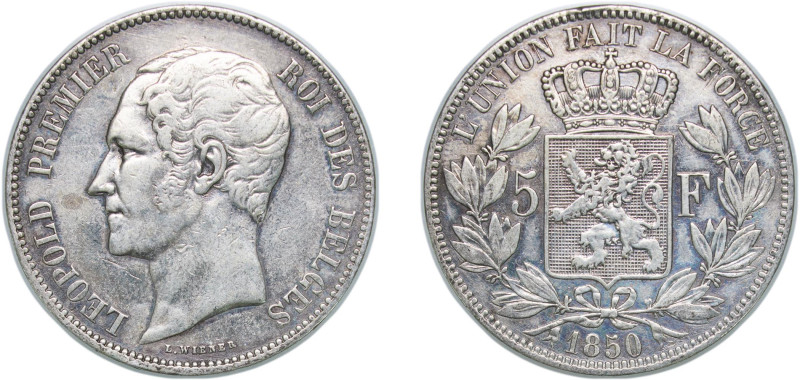 Belgium Kingdom 1850 5 Francs - Léopold I Silver (.900) Brussels Mint (5265296) ...