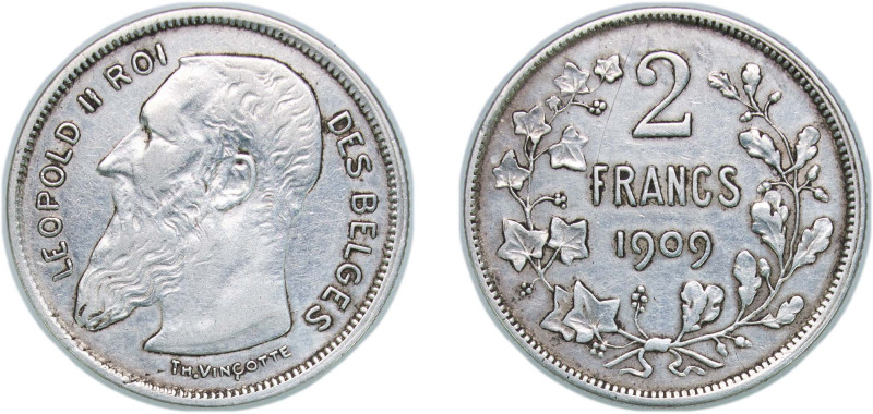 Belgium Kingdom 1909 2 Francs - Léopold II (French text) Silver (.835) Brussels ...