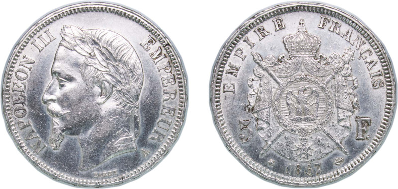 France Second Empire 1867 A 5 Francs - Napoleon III Silver (.900) Paris Mint (65...