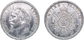 France Second Empire 1867 A 5 Francs - Napoleon III Silver (.900) Paris Mint (6511287) 25.06g AU F 331 Gad 739 KM 799