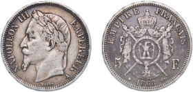 France Second Empire 1868 A 5 Francs - Napoleon III Silver (.900) Paris Mint (6520459) 24.79g VF F 331 Gad 739 KM 799