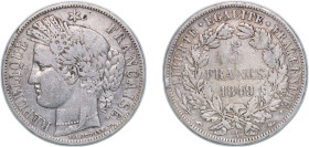 France Second Republic 1849 A 5 Francs (Ceres) Silver (.900) Paris Mint 24.54g VF F 327 KM 761 Gad 719