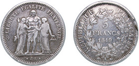 France Second Republic 1849 A 5 Francs (Hercule) Silver (.900) Paris Mint (29130599) 24.78g VF F 326 Gad 683 KM 756