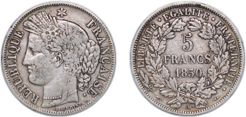 France Second Republic 1850 A 5 Francs (Ceres) Silver (.900) Paris Mint (1454269...