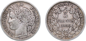 France Second Republic 1850 A 5 Francs (Ceres) Silver (.900) Paris Mint (14542699) 24.7g VF F 327 KM 761 Gad 719