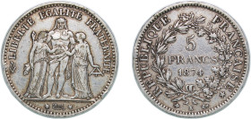 France Third Republic 1874 K 5 Francs (Hercule) Silver (.900) Bordeaux Mint (3903138) 24.95g XF F 334 Gad 744 KM 820