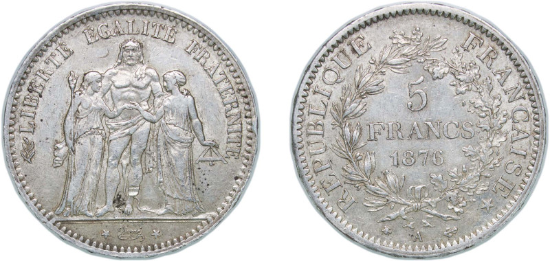 France Third Republic 1876 A 5 Francs (Hercule) Silver (.900) Paris Mint (880000...