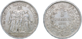 France Third Republic 1876 A 5 Francs (Hercule) Silver (.900) Paris Mint (8800000) 25g AU F 334 Gad 744 KM 820