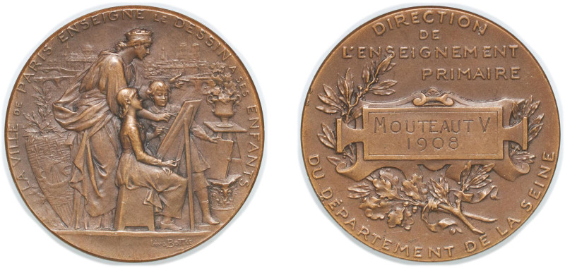 France Third Republic 1908 Medal - La ville de Paris enseigne le dessin à ses en...