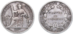 French Indochina French colony 1889 A 1 Piastre Silver (.900) Paris Mint (1240000) 27.08g VF KM 5 Lec 266-275