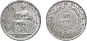 French Indochina French colony 1937 20 Cents Silver (.680) Paris Mint (17500000) 5.44g AU KM 17.2