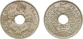 French Indochina French colony 1938 5 Cents Copper-nickel Paris Mint (1480000) 4.16g AU KM 18 Schön 17