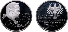 Germany Federal Republic of Germany 1974 D 5 Deutsche Mark (Immanuel Kant) Silver (.625) Munich Mint (250000) 11.22g PF KM 139 J 414 Schön 138