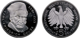 Germany Federal Republic of Germany 1977 J 5 Deutsche Mark (Carl Friedrich Gauss) Silver (.625) Hamburg Mint (7750000) 11.19g PF KM 145 J 420 Schön 14...